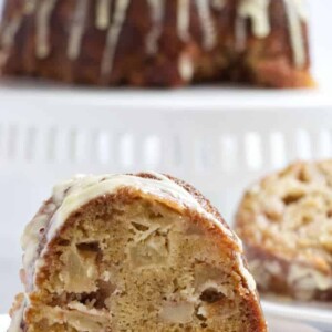 slice of Jewish apple cake with orange glaze.