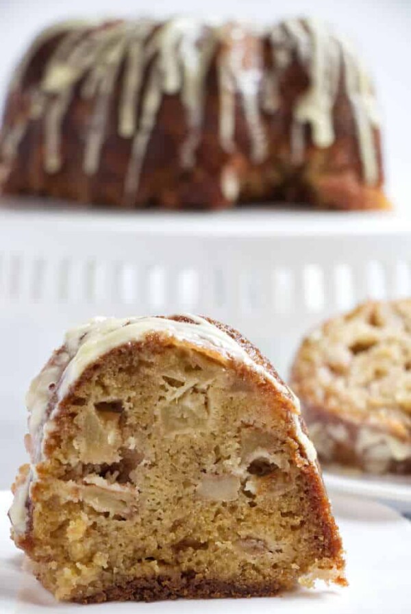 slice of Jewish apple cake with orange glaze.