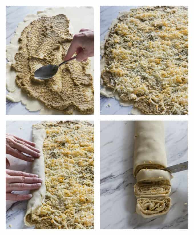process pictures for making olive and cheese pinwheel appetizers