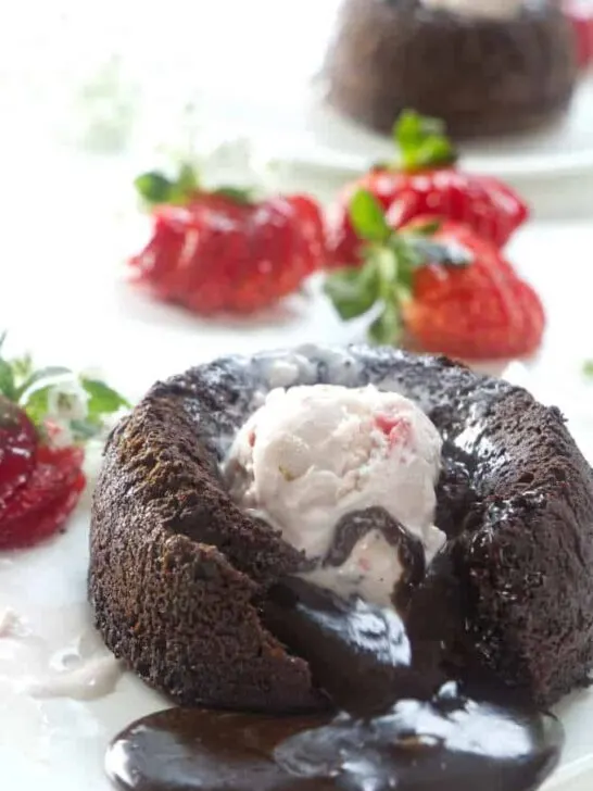 Molten chocolate lava cake with strawberry ice cream