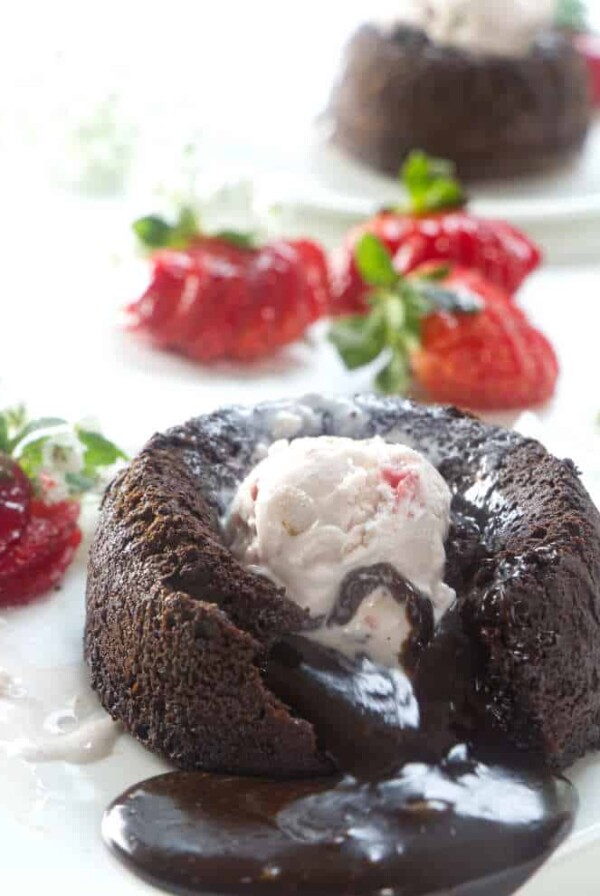 Molten chocolate lava cake with strawberry ice cream