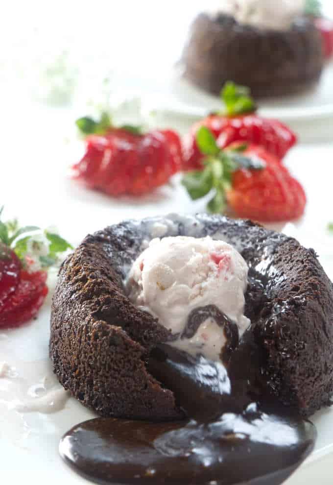 Molten chocolate lava cake with strawberry ice cream