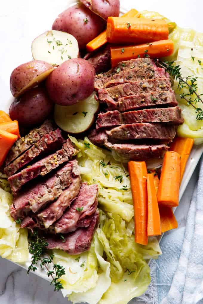 instant pot corned beef and cabbage on a serving plate