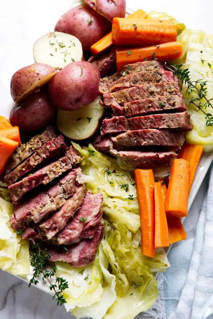 instant pot corned beef and cabbage on a serving plate