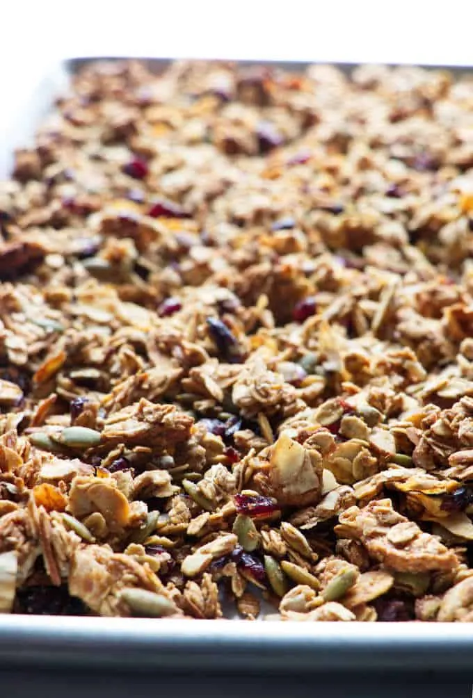 ancient grains granola on a sheet pan