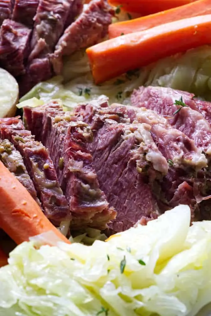 close up of instant pot corned beef and cabbage