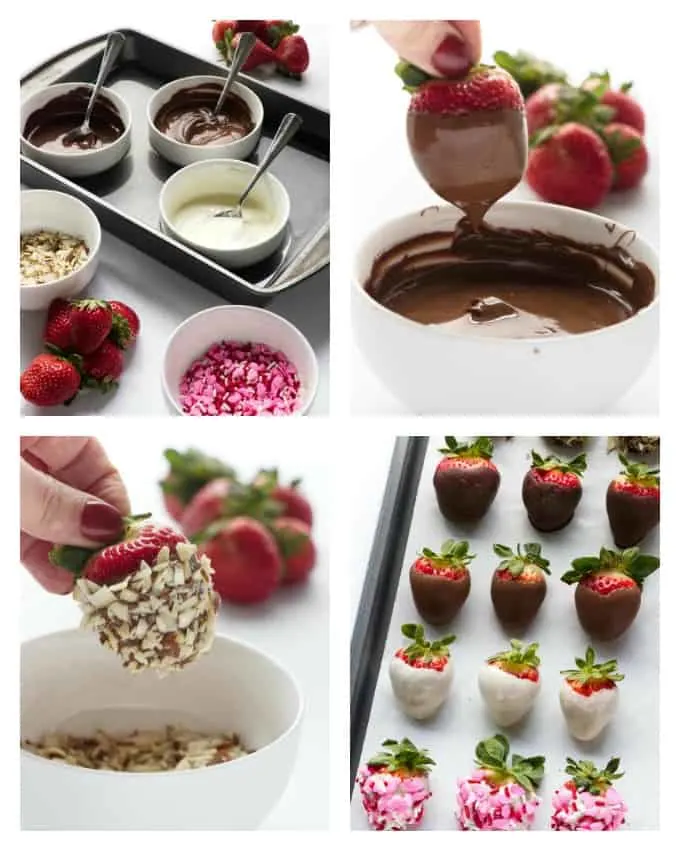 step by step photos of dipping strawberries in chocolate