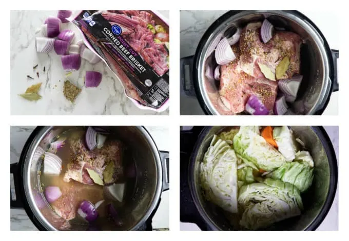 collage of photos making instant pot corned beef and cabbage