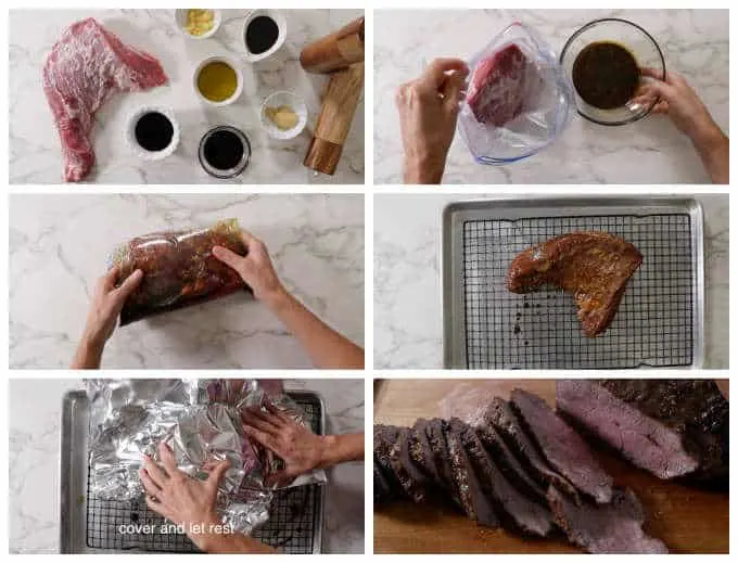 collage of process photos showing how to cook a tri tip roast in the oven