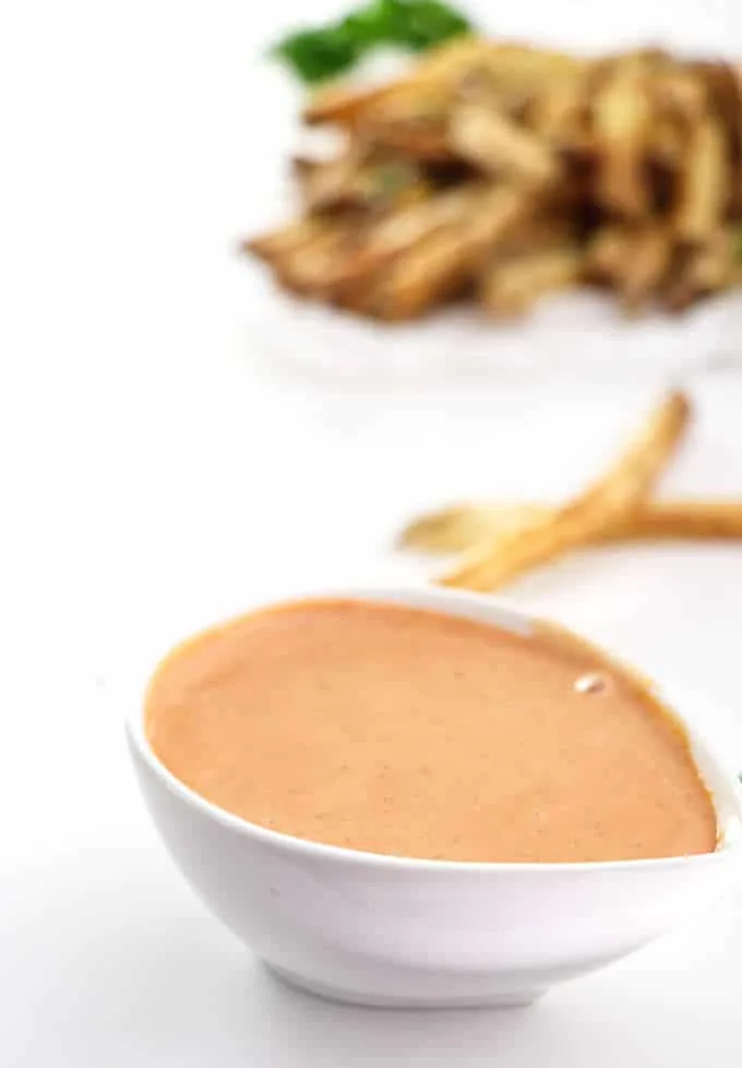 dish of fry sauce with fries in the background