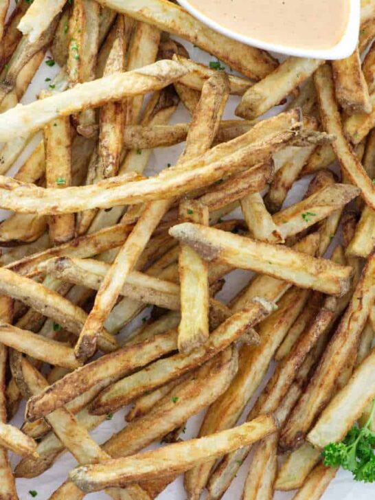 close up overhead photo of air fried French fries