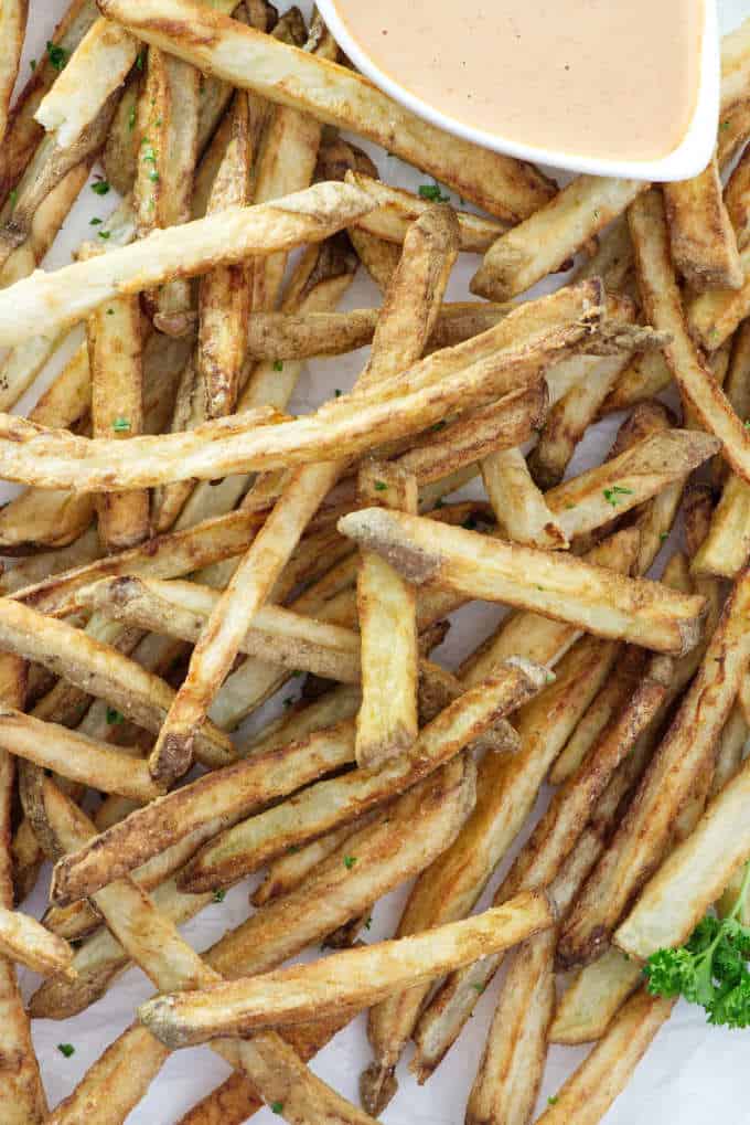 close up overhead photo of air fried French fries