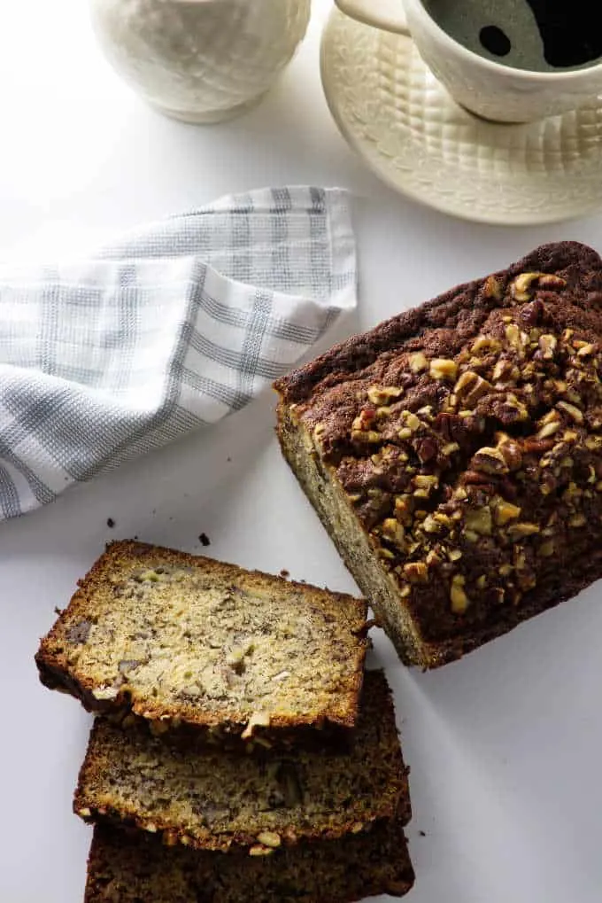 loaf of banana bread partially sliced