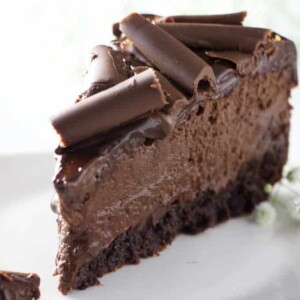 closeup of a slice of chocolate cheesecake