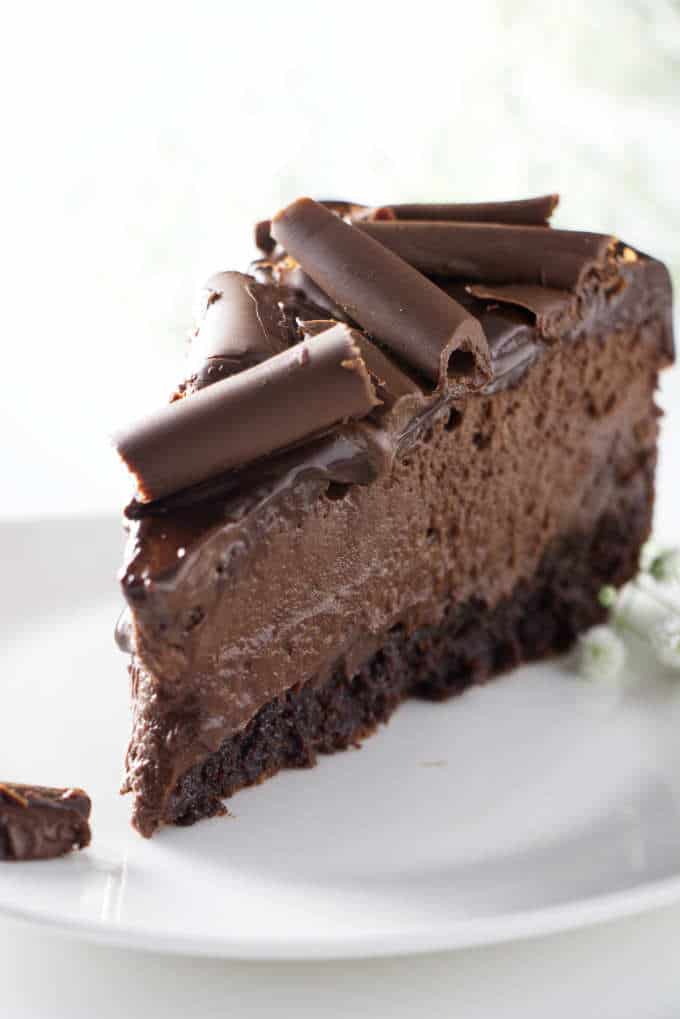 closeup of a slice of chocolate cheesecake