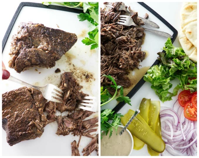 collage of shredded beef with veggies for a shawarma sandwich