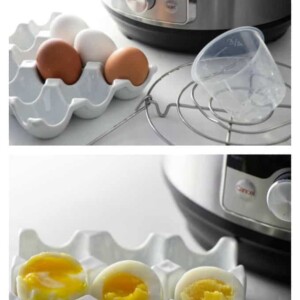 collage of instant pot with eggs and instant pot cooked eggs sliced open