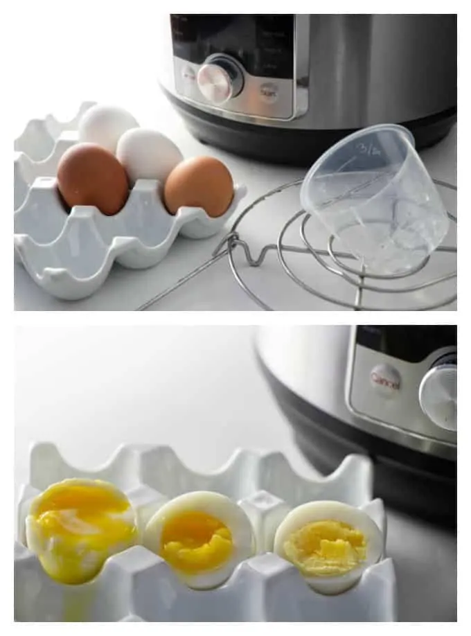 collage of instant pot with eggs and instant pot cooked eggs sliced open