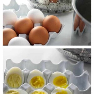 collage of hard boiled eggs steamed and cut open with a photo of eggs and a steamer basket