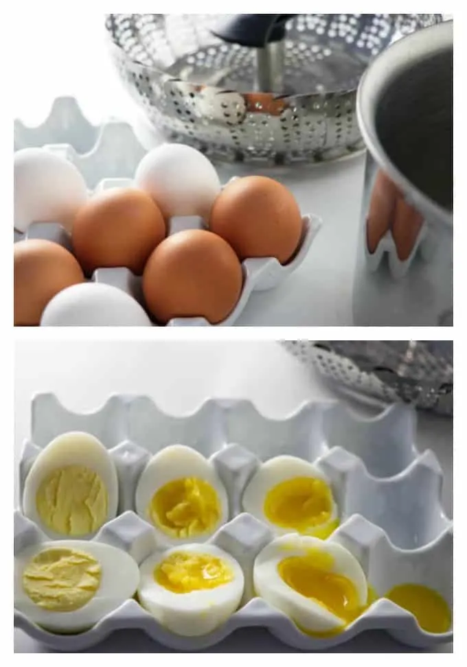 collage of hard boiled eggs steamed and cut open with a photo of eggs and a steamer basket