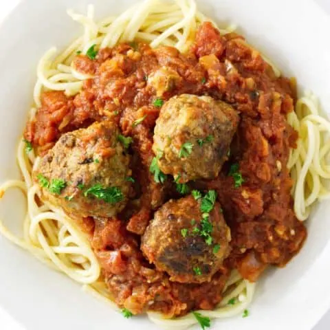 Italian meatballs and spaghetti with tomato-garlic sauce