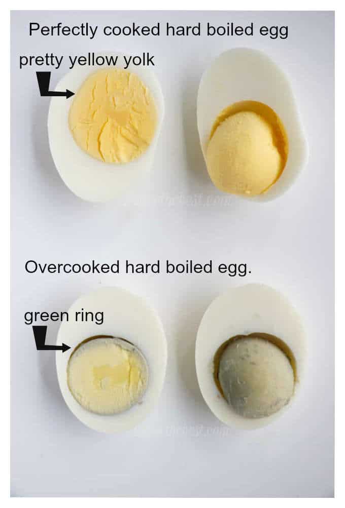 an overcooked egg with a green ring next to a perfectly cooked boiled egg