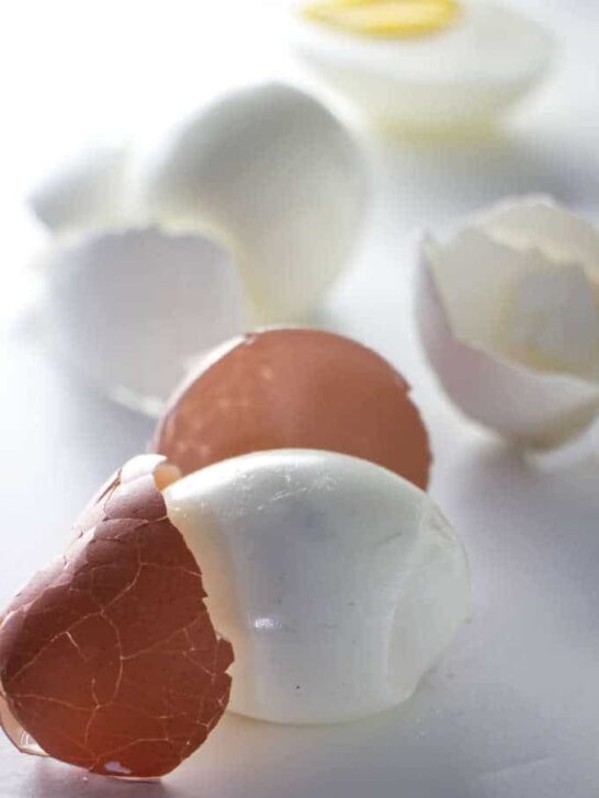 2 hard boiled eggs with the shells peeled
