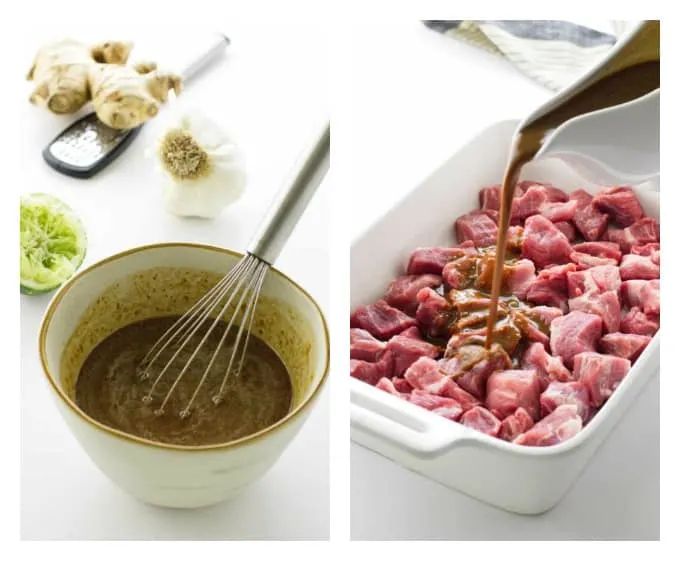 collage of peanut dipping sauce and marinated pork