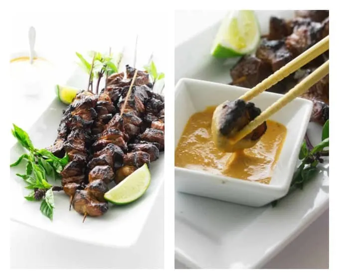 collage of two photos of grilled pork satay