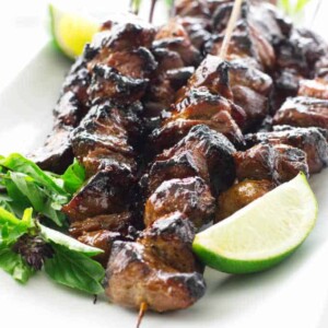 close up of pork satay skewers