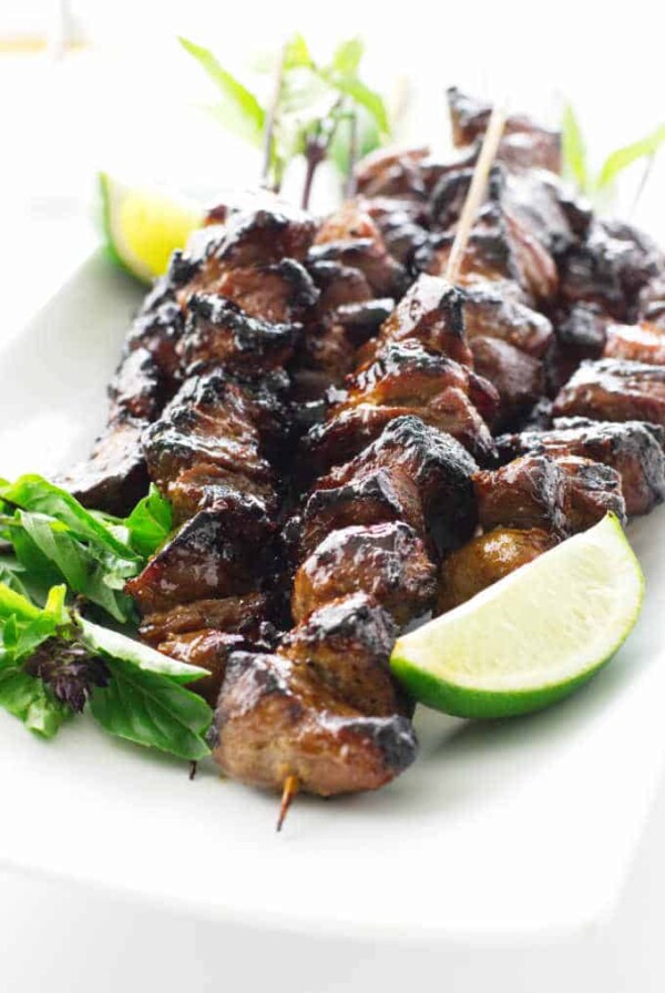 close up of pork satay skewers