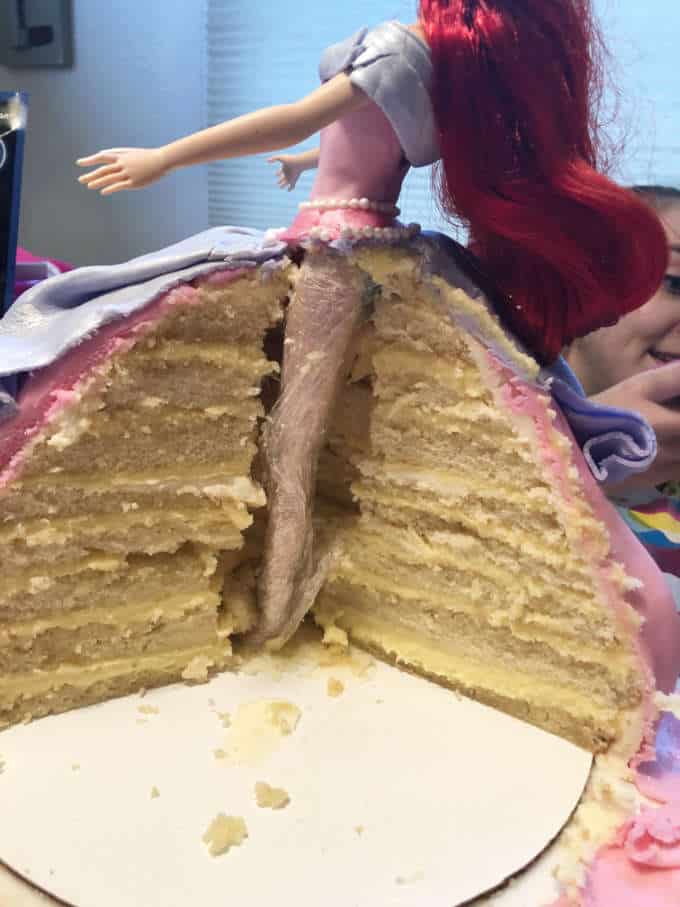 doll cake sliced in half 