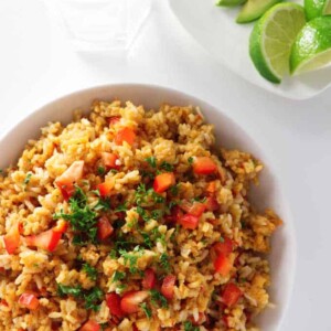 Overhead shot of a bowl of Spanish rice.