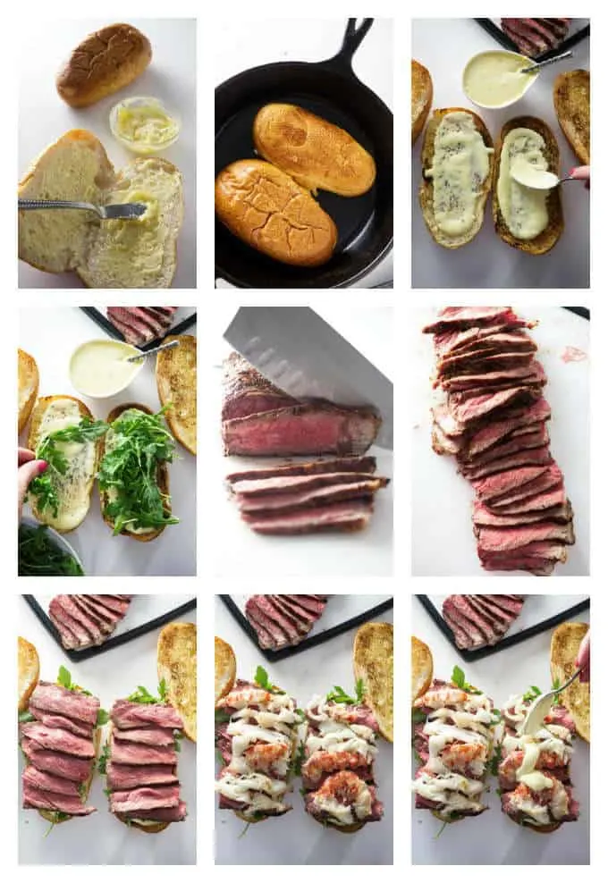 collage of 9 photos making a steak and lobster sandwich