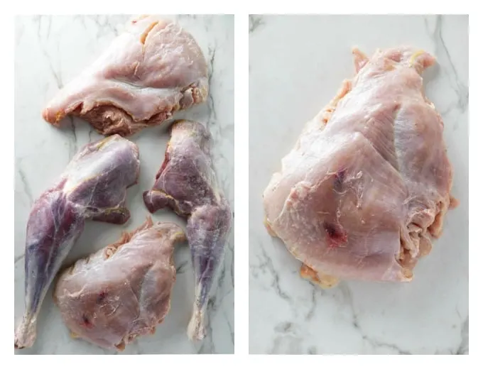 collage of 2 photos showing leg, breast and thigh meat from a turkey