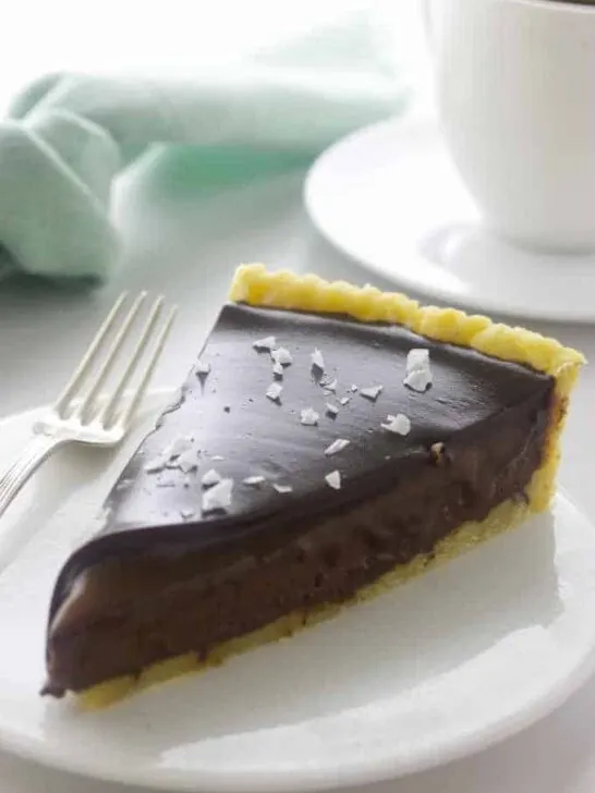 A slice of truffle-like Chocolate Caramel Tart