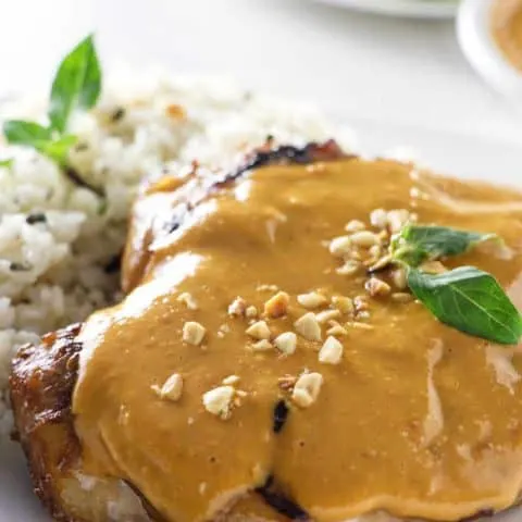 A grilled chicken breast topped with spicy peanut sauce plated with rice.