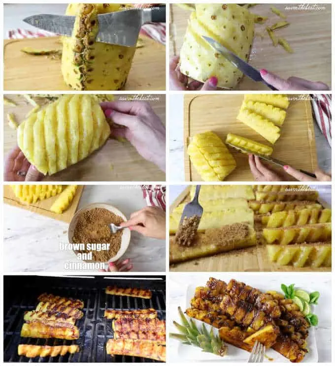collage of 8 photos showing process steps on how to grill pineapple