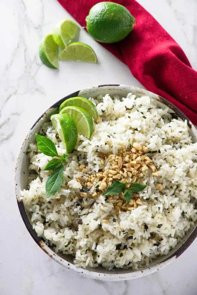 overhead photo of basil lime rice in a bowl