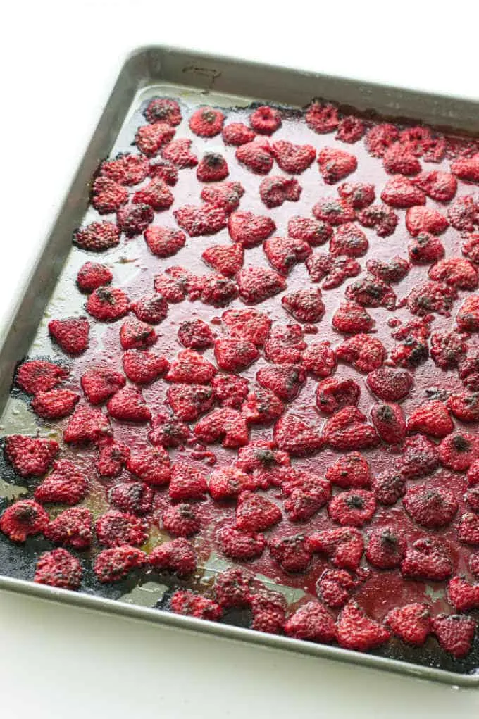 Baking sheet with roasted raspberies