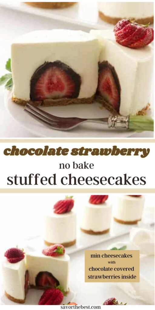 Photos for pinterest of mini cheesecakes with chocolate covered strawberries inside.