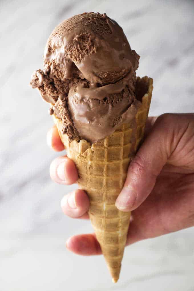 two scoops of chocolate stout ice cream made with liquid nitrogen