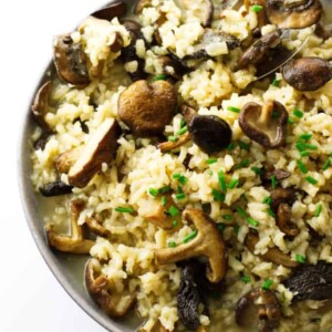 Over head photo of a bowl, spoon and mushroom risotto