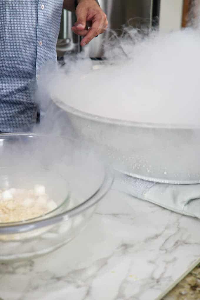 Gas vapors rising out of a bowl with liquid nitrogen in it