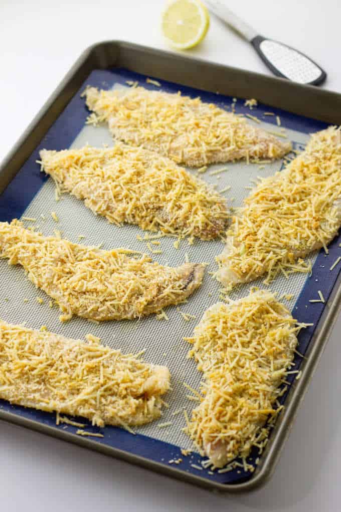 Overhead view of Parmesan coated sole fillets