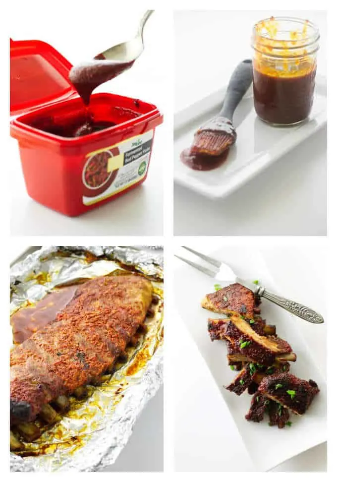College of Korean chili paste, glaze in jar, ribs, plate of ribs