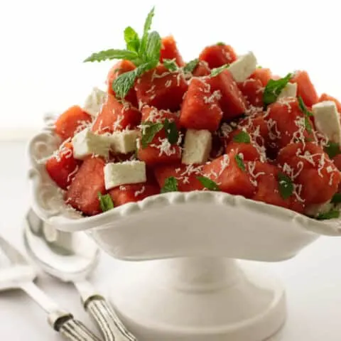 Bowl of watermelon, feta and mint salad