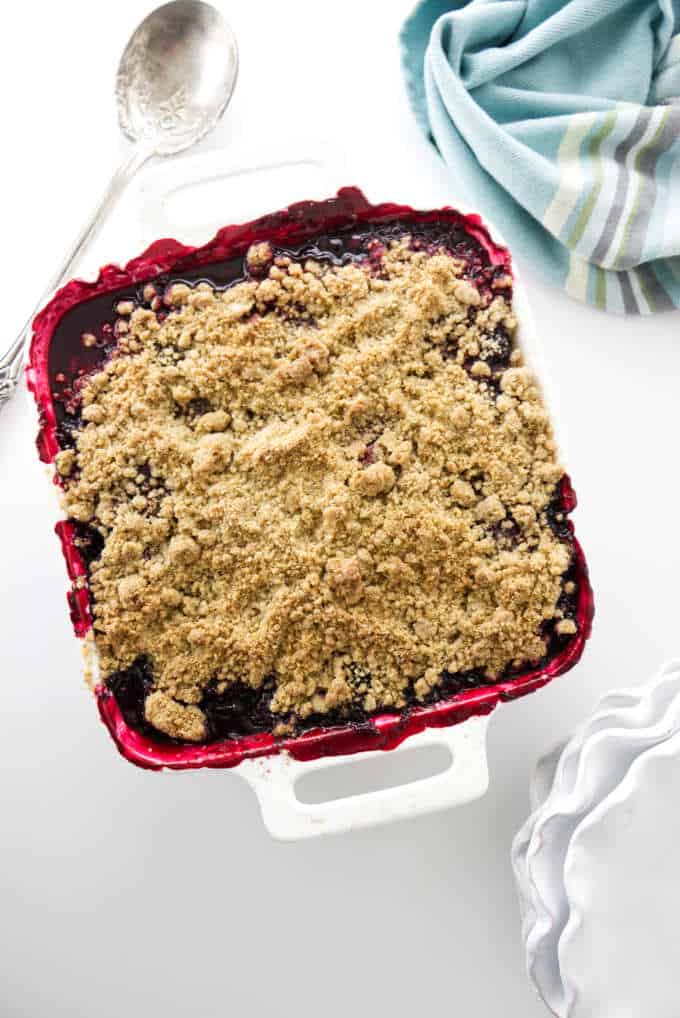 overhead photo of a blackberry crumble