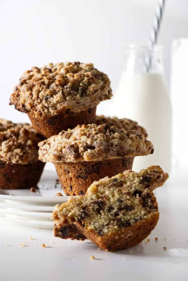 chocolate chip muffins with a bottle of milk in the background