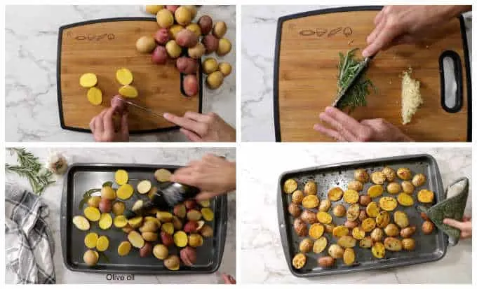 collage of process photos for garlic and rosemary roasted potatoes